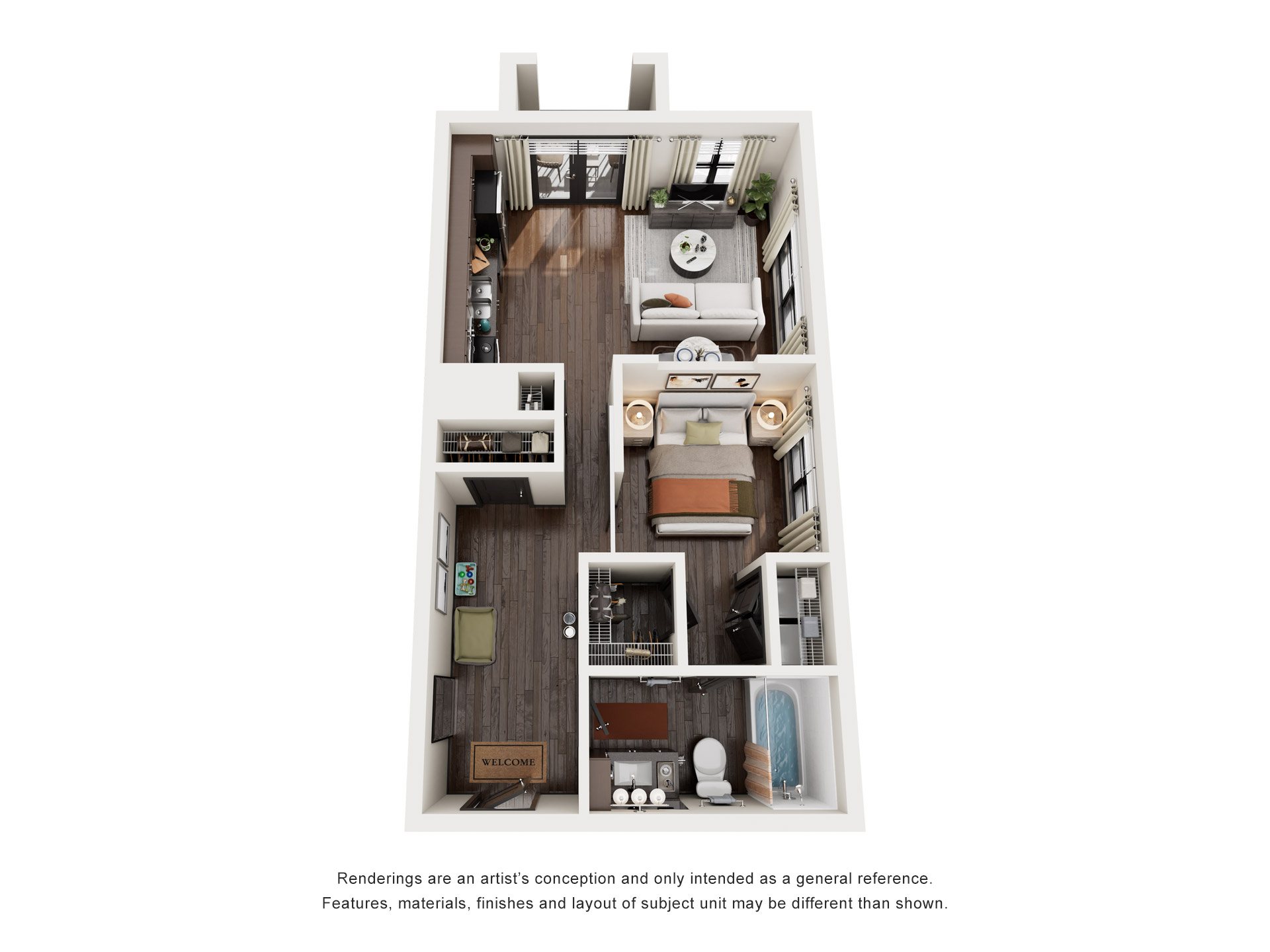 Floor plan for 1 bed, 1 bath, 743 sqft
